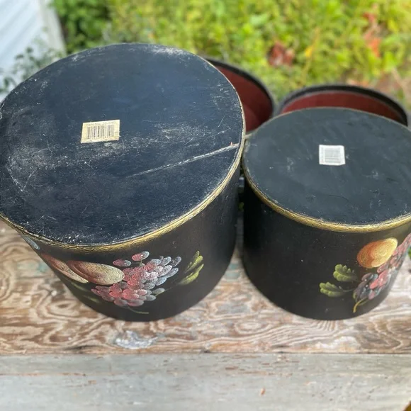 vintage black painted fruit floral 2 wood storage bins French Country primitive